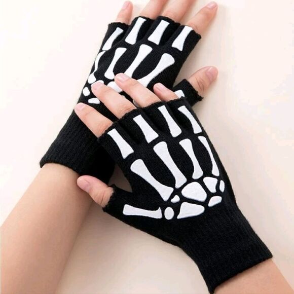 Unisex Open Finger Black & White Skeleton Gloves - Picture 1 of 3